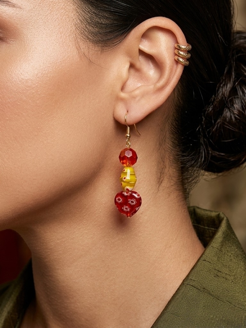 Vintage Millefiori Murano Style Glass Heart Drop Dangle Earrings Yellow Red